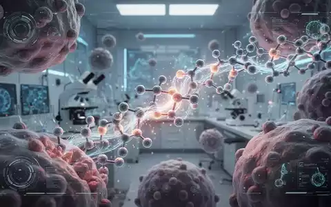 Nahaufnahme von komplexen Peptidstrukturen, die mit Zellkomponenten interagieren, symbolisch für Anti-Aging-Forschung. - Foto: über boerse-global.de
