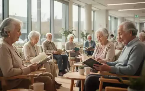 Ältere Menschen in einem hellen Gemeinschaftsraum, die sich ruhig unterhalten oder lesen, mit sanftem Licht, das durch Fenster fällt. - Foto: über boerse-global.de