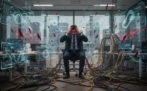 Eine Person im Anzug sitzt frustriert vor einem Laptop mit komplexen, scheiternden digitalen Projektionen und Kabeln, die Automatisierungsfehler symbolisieren. - Foto: über boerse-global.de