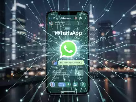 A smartphone screen shows the WhatsApp interface with a glowing, abstract network, symbolizing IP address protection and data security. - Foto: über boerse-global.de