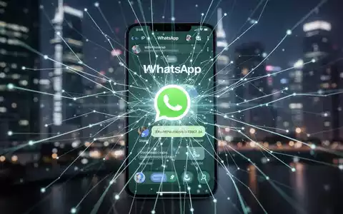 A smartphone screen shows the WhatsApp interface with a glowing, abstract network, symbolizing IP address protection and data security. - Foto: über boerse-global.de