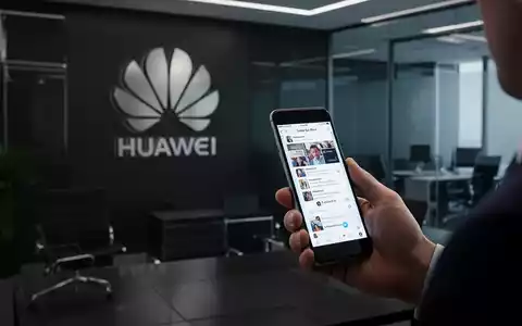 A hand subtly holding a smartphone with a social media interface, the Huawei logo in the background. - Foto: über boerse-global.de