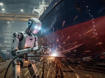 A humanoid robot welding a large ship hull in a shipyard, illuminated by dramatic industrial lighting and sparks. - Foto: über boerse-global.de