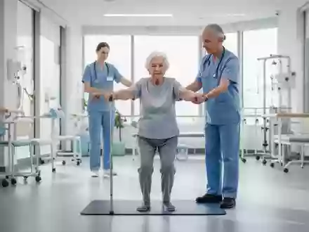 Eine ältere Person, die von einem Physiotherapeuten bei Mobilitätsübungen in einem modernen Rehabilitationszentrum unterstützt wird. - Foto: über boerse-global.de