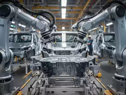 Roboterarme in einer hochmodernen Automobilfabrik montieren Komponenten für Elektrofahrzeuge an einer Montagelinie. - Foto: über boerse-global.de