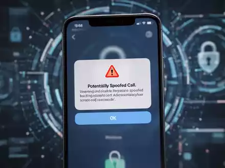 A smartphone screen showing a warning about a potential scam call, with blurred digital security graphics in the background. - Foto: über boerse-global.de