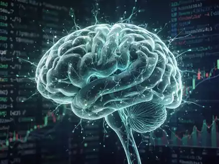 A glowing digital brain with neural pathways over a background of abstract code and financial charts, symbolizing AI and financial shifts. - Foto: über boerse-global.de