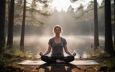 Eine Person meditiert oder macht Yoga in einem ruhigen Wald bei Sonnenaufgang, symbolisiert geistige Fitness und Naturverbindung. - Foto: über boerse-global.de