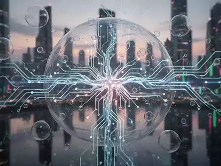 A glowing, intricate neural network pattern with data streams, encased in a fragile, transparent bubble against a blurred city skyline. - Foto: über boerse-global.de