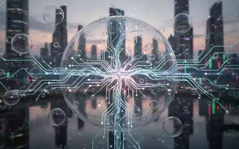 A glowing, intricate neural network pattern with data streams, encased in a fragile, transparent bubble against a blurred city skyline. - Foto: über boerse-global.de