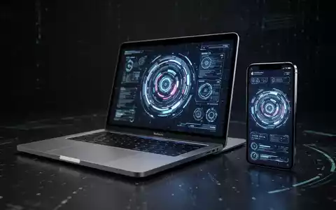 Ein modernes Apple-Laptop und Smartphone mit futuristischen Betriebssystem-Interfaces auf dunklem Hintergrund, symbolisiert Innovation. - Foto: über boerse-global.de
