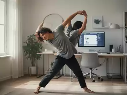 Eine Person macht Dehnübungen in einem aufgeräumten Homeoffice, mit einem Laptop im Hintergrund, was körperliche Aktivität symbolisiert. - Foto: über boerse-global.de