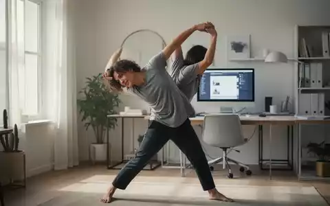 Eine Person macht Dehnübungen in einem aufgeräumten Homeoffice, mit einem Laptop im Hintergrund, was körperliche Aktivität symbolisiert. - Foto: über boerse-global.de