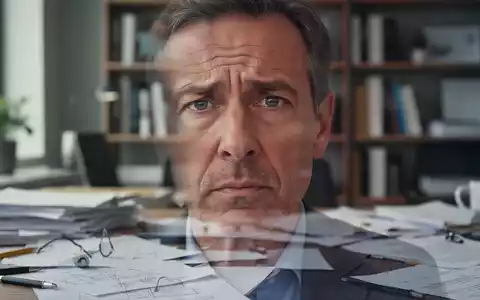 Ein nachdenklicher Erwachsener in seinen 40ern oder 50ern, der inmitten von halbfertigen Aufgaben und Papieren sitzt und kognitive Überlastung andeutet. - Foto: über boerse-global.de