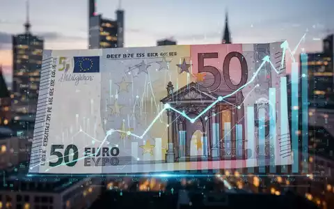 A close-up of a 50 euro banknote with digital financial graphs overlaid, set against a blurred city skyline. - Foto: über boerse-global.de