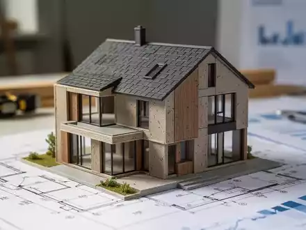 Ein detailliertes Miniatur-Hausmodell aus nachhaltigen Materialien auf einem Bauplan, im Hintergrund ein unscharfes Büro. - Foto: über boerse-global.de