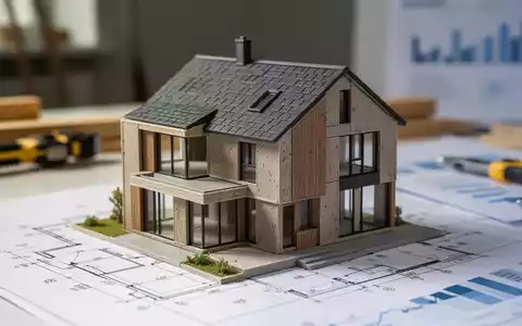 Ein detailliertes Miniatur-Hausmodell aus nachhaltigen Materialien auf einem Bauplan, im Hintergrund ein unscharfes Büro. - Foto: über boerse-global.de