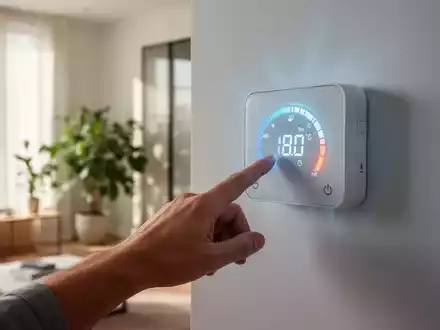 Eine Hand passt ein Thermostat an, mit einem digitalen Display, das Temperaturwerte anzeigt. Im Hintergrund ein modernes, energieeffizientes Zuhause. - Foto: über boerse-global.de