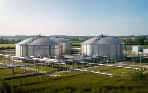 Moderne Biogasanlage mit großen Fermentern und Rohrleitungen in einer grünen Landschaft unter klarem Himmel. - Foto: über boerse-global.de