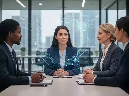 Eine Gruppe von Geschäftsleuten in einem modernen Büro, die ein Vorstellungsgespräch führen, mit einem überlagerten KI-Interface. - Foto: über boerse-global.de