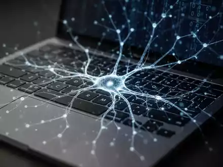 A close-up of a MacBook keyboard with a glowing, abstract neural network overlay, symbolizing AI data processing. - Foto: über boerse-global.de