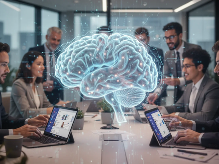 Stylized AI brain interface over a blurred image of business professionals collaborating in a modern office with Microsoft Teams. - Foto: über boerse-global.de