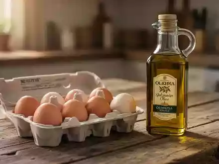 Ein Karton Eier und eine Flasche Olivenöl auf einem Holztisch, symbolisch für gesunde Ernährung statt Medikamente. - Foto: über boerse-global.de