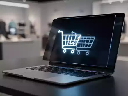 An open Apple M5 MacBook Air laptop with an Amazon shopping cart icon on its screen, symbolizing online deals. - Foto: über boerse-global.de