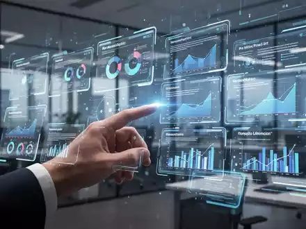 A hand interacts with a holographic projection displaying PowerPoint slides and data visualizations, symbolizing AI and data integration. - Foto: über boerse-global.de