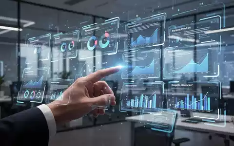A hand interacts with a holographic projection displaying PowerPoint slides and data visualizations, symbolizing AI and data integration. - Foto: ĂŒber boerse-global.de