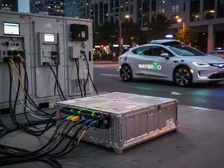 A repurposed electric vehicle battery pack connected to a grid-scale energy storage system, with a Waymo robotaxi in the background. - Foto: über boerse-global.de