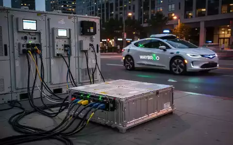 A repurposed electric vehicle battery pack connected to a grid-scale energy storage system, with a Waymo robotaxi in the background. - Foto: über boerse-global.de