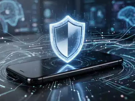 Ein stilisiertes, leuchtendes Schild-Symbol auf einem dunklen Smartphone-Bildschirm, umgeben von abstrakten Datenströmen. - Foto: über boerse-global.de