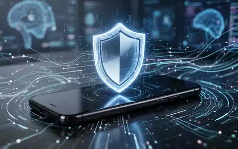 Ein stilisiertes, leuchtendes Schild-Symbol auf einem dunklen Smartphone-Bildschirm, umgeben von abstrakten Datenströmen. - Foto: über boerse-global.de