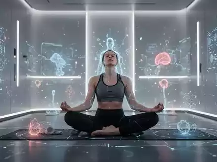 Eine Person in Sportkleidung ruht in einem modernen Regenerationsraum, umgeben von subtilen, leuchtenden Technologieelementen. - Foto: über boerse-global.de