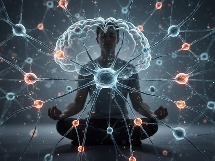 Abstrakte Darstellung von Gehirnsynapsen und einem digitalen Netzwerk, das leuchtende Knoten verbindet, mit einer meditierenden Silhouette im Hintergrund. - Foto: über boerse-global.de
