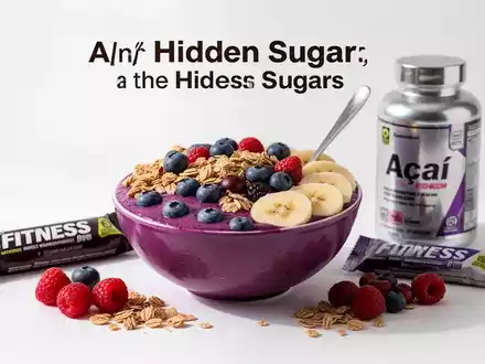 Eine Açaí-Bowl, ein Fitness-Riegel und eine Nahrungsergänzungsmittelflasche auf weißem Hintergrund, symbolisieren versteckten Zucker in gesunden Lebensmitteln. - Foto: über boerse-global.de