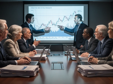 Eine Gruppe von Menschen unterschiedlichen Alters und Berufs diskutiert an einem Konferenztisch mit Finanzdiagrammen im Hintergrund. - Foto: über boerse-global.de
