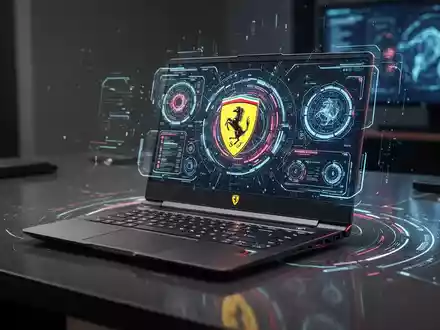 Ein luxuriöses HP-Notebook im Ferrari-Stil mit leuchtenden KI-Elementen auf einem eleganten Schreibtisch. - Foto: über boerse-global.de