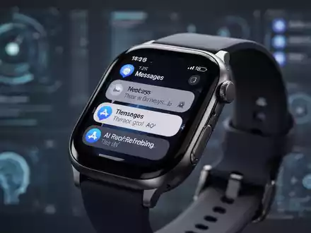 A close-up of a modern smartwatch screen displaying message updates and AI features like 'Tap to Draft' and emoji reactions. - Foto: über boerse-global.de