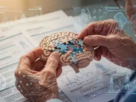 Ältere Hände setzen ein komplexes Puzzle zusammen, im Hintergrund verschwommene medizinische Dokumente. Symbolisiert geistige Fitness und Forschung. - Foto: über boerse-global.de