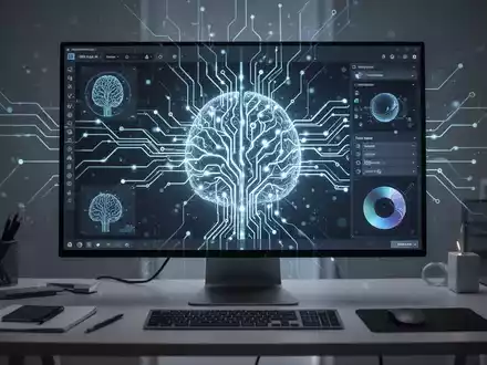 A glowing neural network design on a screen, with a user interface hinting at graphic design tools, representing AI in content creation. - Foto: ĂŒber boerse-global.de