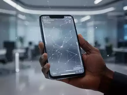 Ein stilisiertes Smartphone mit einem futuristischen Betriebssystem ohne App-Symbole, gehalten von einer Hand in einem modernen Tech-Umfeld. - Foto: über boerse-global.de