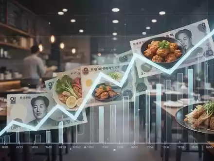 Südkoreanische Won-Banknoten und stilisierte Symbole für Lebensmittelbetriebe vor einem aufsteigenden Finanzdiagramm, das Wachstum darstellt. - Foto: über boerse-global.de