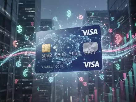 A glowing blockchain network integrated with a Visa credit card, symbolizing secure global stablecoin transactions and digital finance innovation. - Foto: über boerse-global.de