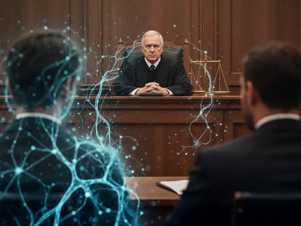 A courtroom scene with a blurred defendant and lawyer, a stern judge, and a digital AI neural network overlay. - Foto: über boerse-global.de