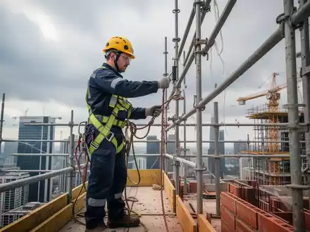 Ein Bauarbeiter in Schutzkleidung und Gurt auf einem Gerüst inspiziert Sicherheitsvorkehrungen auf einer Baustelle bei bewölktem Himmel. - Foto: über boerse-global.de