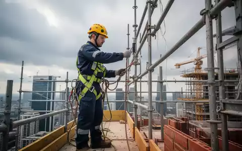 Ein Bauarbeiter in Schutzkleidung und Gurt auf einem Gerüst inspiziert Sicherheitsvorkehrungen auf einer Baustelle bei bewölktem Himmel. - Foto: über boerse-global.de