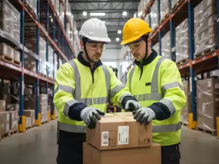 Ein Logistikmitarbeiter trägt persönliche Schutzausrüstung (PSA) und handhabt ein Paket in einem modernen Lagerhaus. - Foto: über boerse-global.de