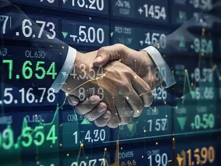 Ein stilisierter Börsenticker mit Finanzdaten, überlagert von einer abstrakten Darstellung einer Übernahme oder Fusion. - Foto: über boerse-global.de
